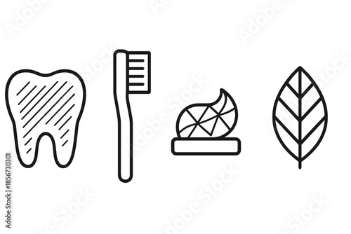 Toothbrush, toothpaste, tooth, and leaf icons on a dark background