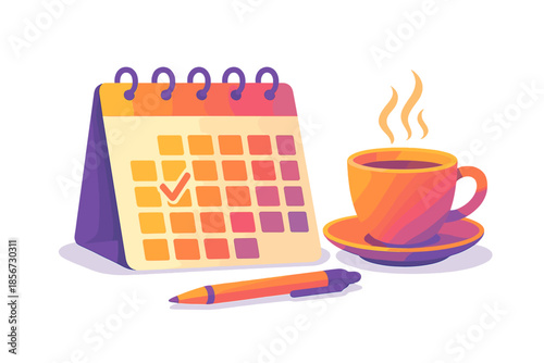 Calendar with Checkmark, Coffee Cup, and Pen