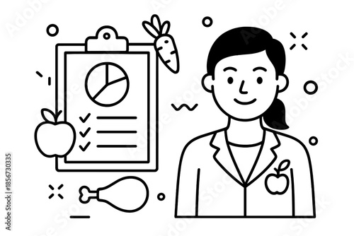 Nutritionist with Diet Plan and Healthy Food Icons