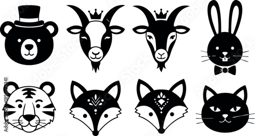 Cute animal faces icons with bear, goat, rabbit, tiger, fox, and cat vector set for design and illustration purposes