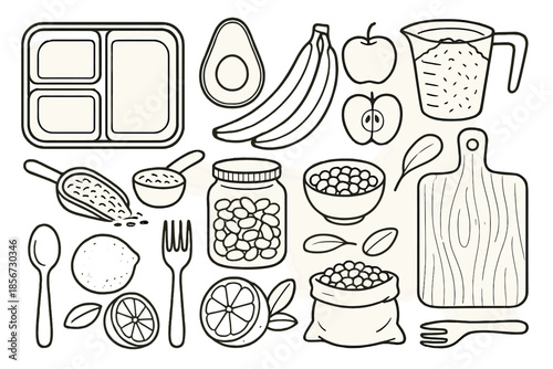 Healthy Food Ingredients and Kitchen Utensils Line Art