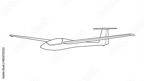 Outline drawing of a glider airplane with dashed lines on a white background depicting aerodynamic design and flight