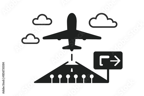 Airplane Landing on Runway with Clouds and Directional Sign