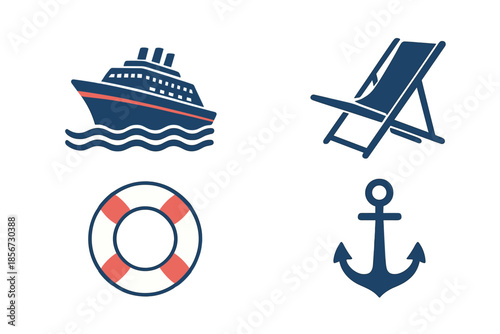 Cruise Ship, Deck Chair, Lifebuoy, and Anchor Icons on Dark Blue Background