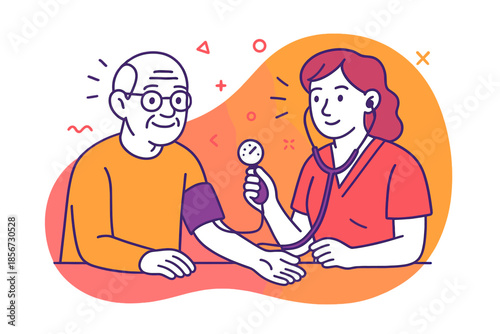 Nurse checking elderly man's blood pressure