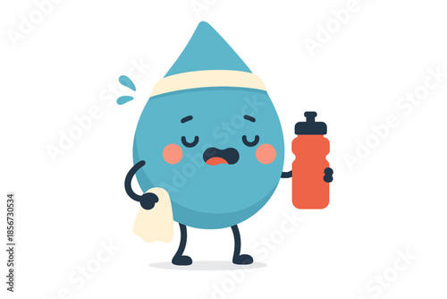 Cartoon water drop character exercising with water bottle and towel