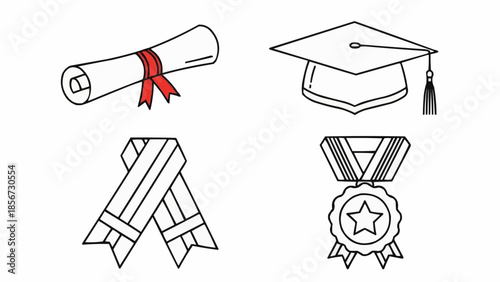 Graduation ceremony elements including diploma, cap, certificate, and medal icons.