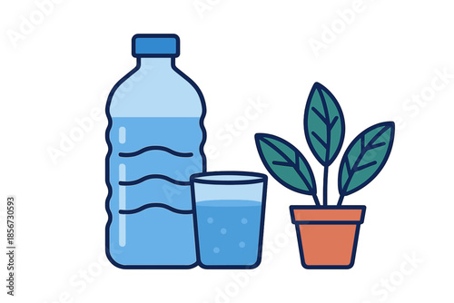 Bottle of water and a plant in a pot