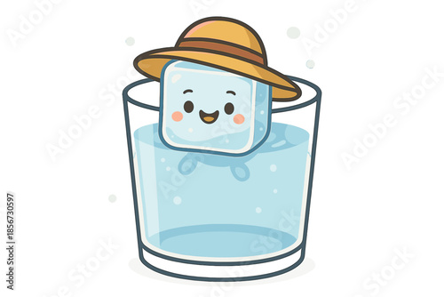 Cute Ice Cube Wearing a Straw Hat in a Glass of Water