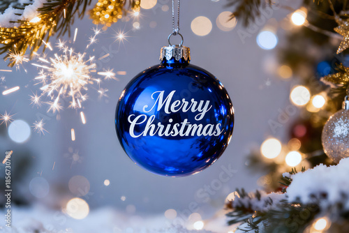 Blue Christmas Ornament with Merry Christmas Text and Sparkling Lights