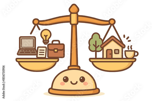 Work-life balance scales with cute cartoon characters