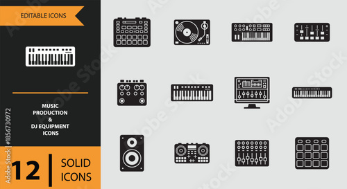 Editable solid icons for modern music production and dj equipment vector collection