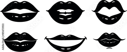 Black lips silhouettes set with various shapes and expressions vector illustration
