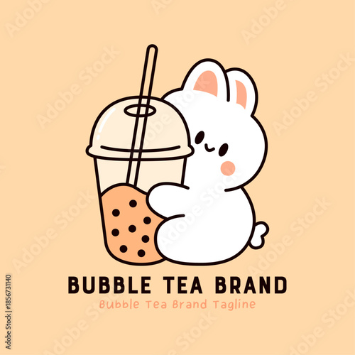 Cute bunny character hugging a cup of bubble tea with tapioca pearls. Adorable boba drink mascot for beverage brand and cafe logo.