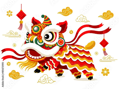 A vibrant Flat Design Ilustration Vector of a lion dance creature with colorful decorations and festive elements on a white background.