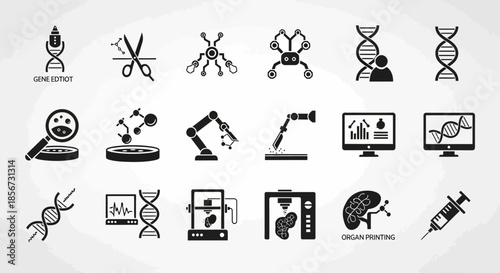 Cutting edge biotechnology icons explore genetic research, molecular science, and advanced medical innovation for future health solutions.