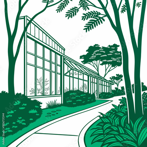 A serene illustration depicts a modern greenhouse surrounded by lush greenery and a winding pathway