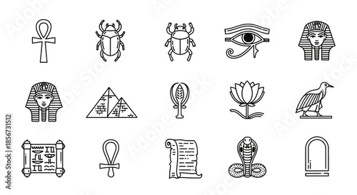 Ancient Egypt Symbols Set: Ankh, Scarab Beetle, Eye of Horus, Pharaoh, Pyramids, Cobra, and more in modern minimalistic outline style for design projects
