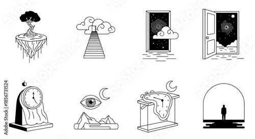 Explore surreal dreamscapes with minimalist line art, hinting at alternate realities and inner journeys, perfect for creative projects and introspective designs