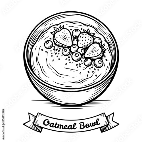 Hand-drawn engraving style illustration of a healthy oatmeal bowl with strawberries, blueberries, and text banner.