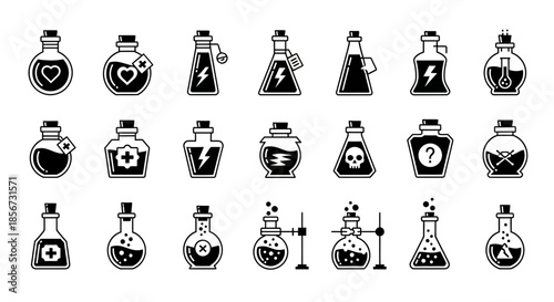 Enchanting potion bottles collection featuring magical liquids, danger symbols, and healing emblems for creative projects