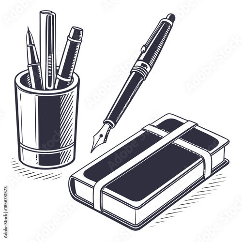 A vintage illustration depicting a pen holder filled with writing tools a fountain pen and a closed book