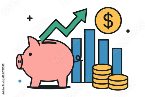 Piggy bank with growing arrow and coins on a bar graph