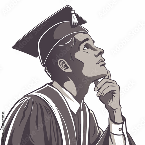 A thoughtful graduate in cap and gown gazing upwards with hand to chin in contemplation