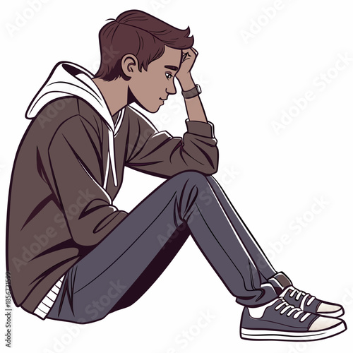 A young man sits with his head in his hand displaying a posture of sadness and introspection
