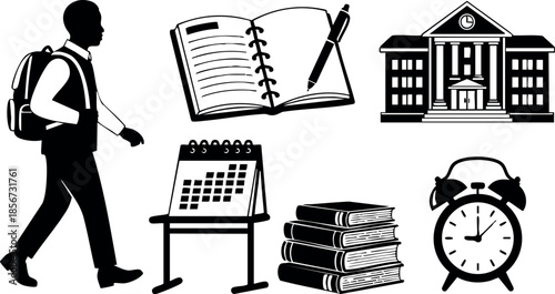 Student walking with backpack and school related icons of calendar books alarm clock and notebook vector illustration for education concept
