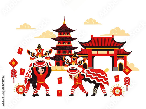 Flat design illustration vector of a traditional Chinese lion dance performance in front of a pagoda with decorative elements on a white background.