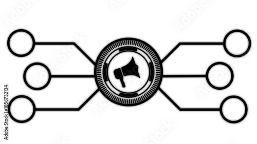 Black color Futuristic Interface Element with Central Circle and six Outward Lines technology speaker animated. on White background....