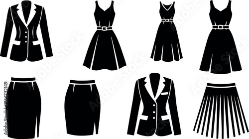 Business formal dress collection with jackets skirts and dresses in black vector illustration set for office style