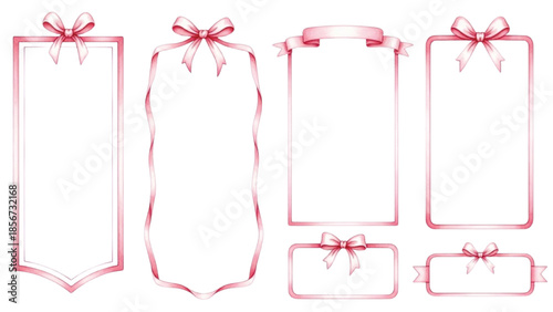 Watercolor Pink Ribbon Frames Set with Bows, Decorative Blank Label Borders, Elegant Clipart Templates