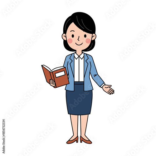 Cartoon Businesswoman Holding Book and Gesturing.