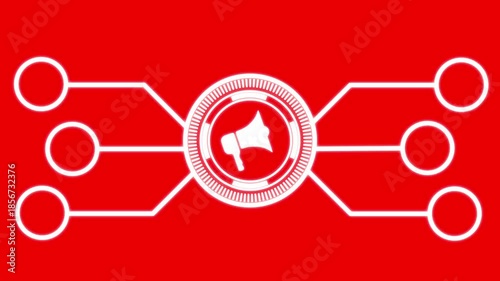 White color Futuristic Interface Element with Central Circle and six Outward Lines technology speaker  animated. on red background....