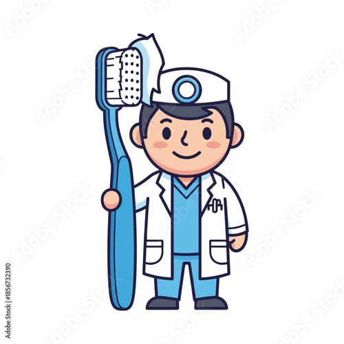 Cartoon Dentist Holding Large Toothbrush.