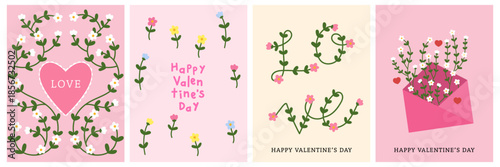 Happy Valentine's day greeting card with cute flower blossom. Bloom floral for love holidays season banner and background. -Vector