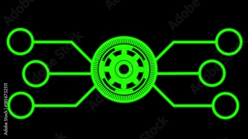 Green color Futuristic Interface Element with Central Circle and six Outward Lines technology gear animated. on black background....