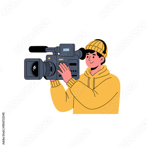 Cameraman filming with professional video camera.