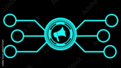 Sine color Futuristic Interface Element with Central Circle and six Outward Lines technology speaker  animated. on black background....