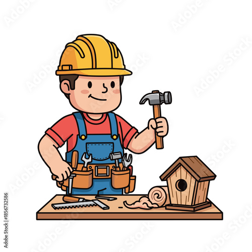 Cartoon Builder with Hammer and Birdhouse.