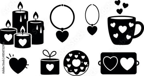 Heart themed black silhouette icons with candles gift cup and jewelry for romantic love and affection designs vector illustration