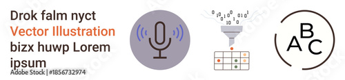Artificial intelligence, data processing, transcription, voice recognition, digital typography, education. Microphone, data funnel and typography-themed icons. AI and data processing in a visual