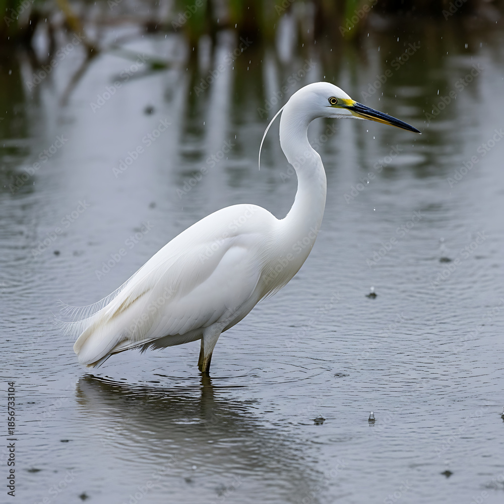 Naklejka premium Elegant white egret bird standing in shallow water
