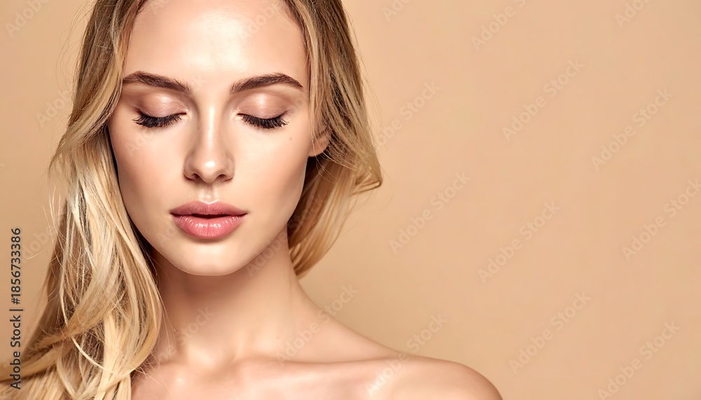 Fototapeta premium Serene blonde woman with smooth skin, eyes closed, against a beige backdrop, conveying tranquility and beauty