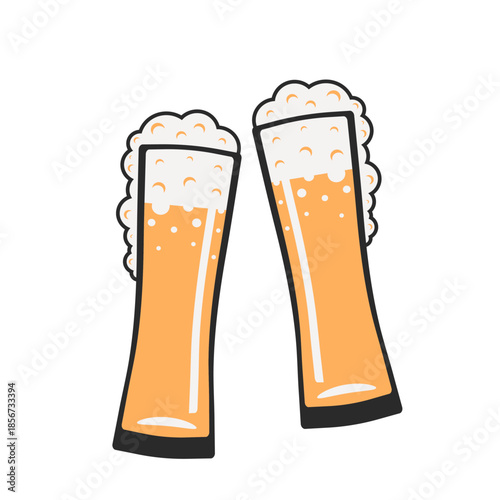 Two clinking beer glasses with foam, flat vector illustration. Oktoberfest toast, celebration, brewery drink icon isolated on white.