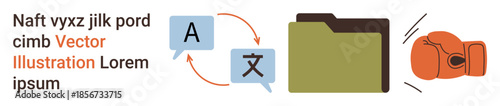 Translation tools, file management, language barriers, conflict resolution, software applications, digital storage. Speech bubbles with translation icons, file folder and boxing glove. Language