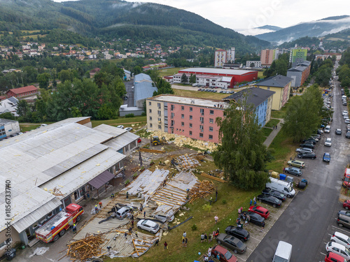 Aerial view of a destroyed building after a severe storm in the city of Gelnica, Slovakia
