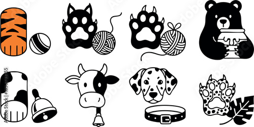 Animal paws and pets icons collection with tiger paw, dog collar, cow bell, and bear eating honey vector design
